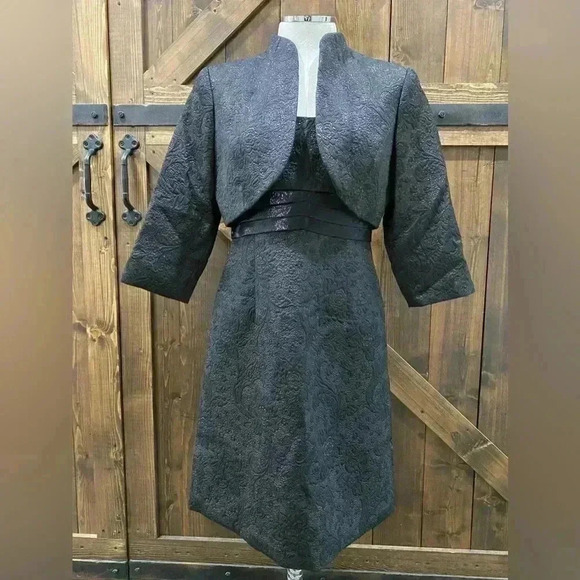 Badgley Mischka Black MetallicTextured Sleeveless Dress with Bolo Jacket Size 8 - Picture 1 of 15